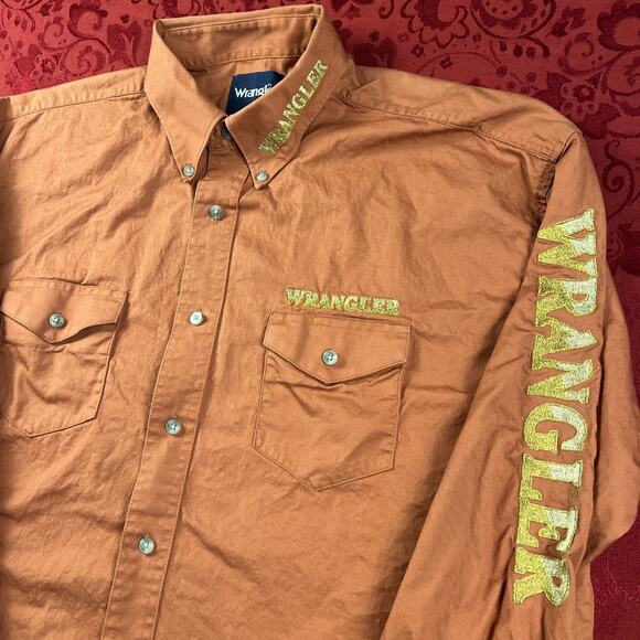 Wrangler Rodeo Shirt‎ Mens XL Orange Embroidered Slv Collar Western Brushpopper - Picture 1 of 11